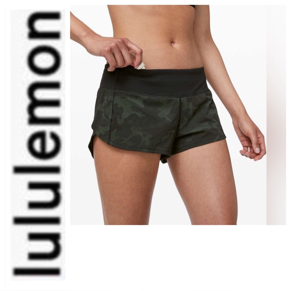 Lululemon Speed Up Shorts in incognito Camo Multi Gator Green Black. Size 6